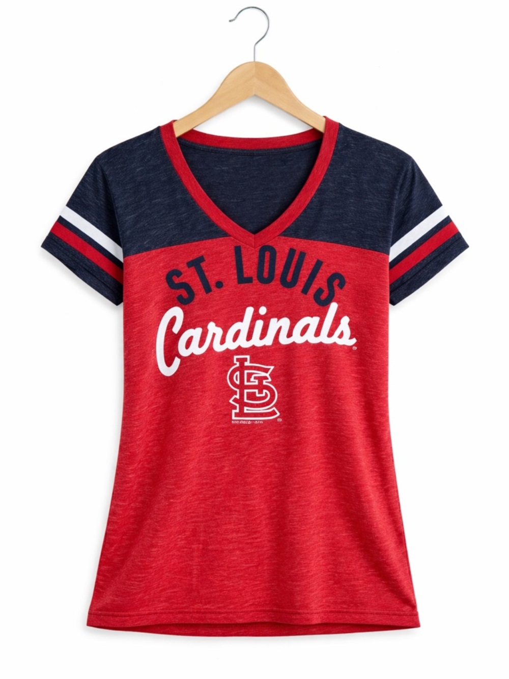 St Louis Cardinals MLB V-Neck Tee Women Large Red Blue Graphic Baseball Shirt